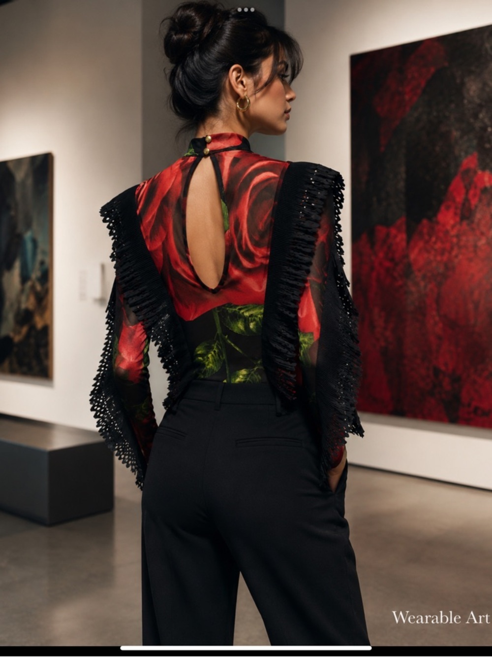 Wearable Art Romantic Goth Rose Print Mesh Bodysuit Avant Garde Statement Top - Picture 4 of 16